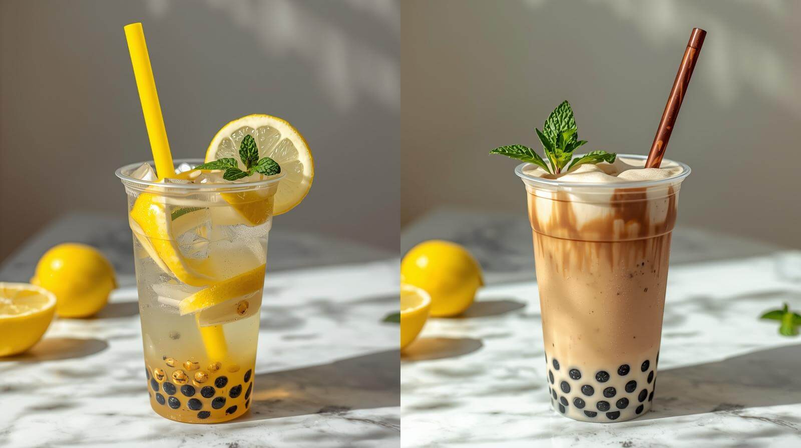 Refreshing lemon bubble tea with ice, fresh lemon slices and golden popping boba in clear cup